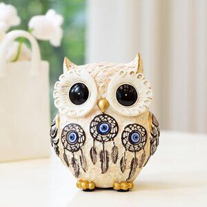 Decorative Owl Figurine Vintage Blue and Gold Owl Statue Home Décor (Beige)
